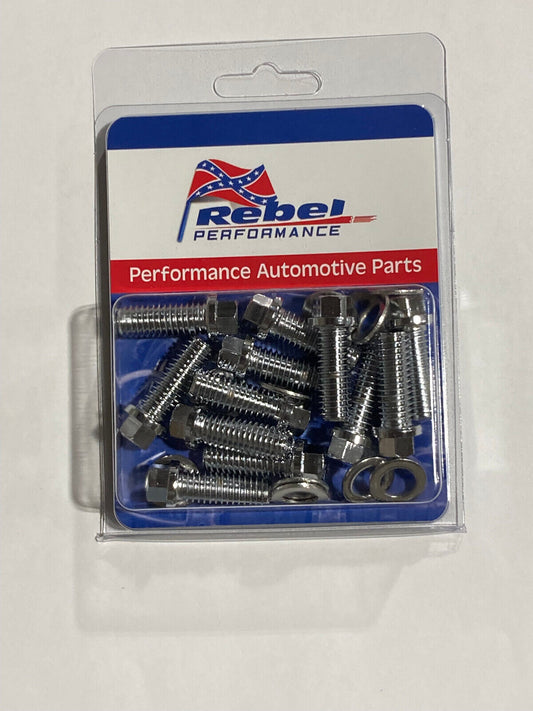 Small Block Chevy V8 Chrome 6pt Intake Manifold Bolt 12pc Kit 3/8"-16 x 1"