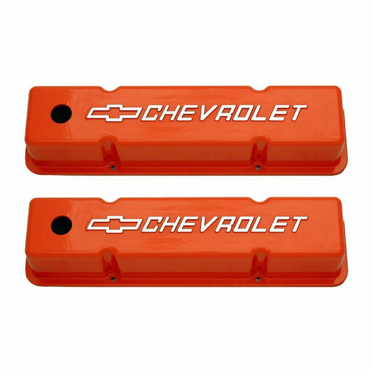 Small Block  Chevy Tall Cast Aluminum Valve Covers w/ Chevy Logo - Orange