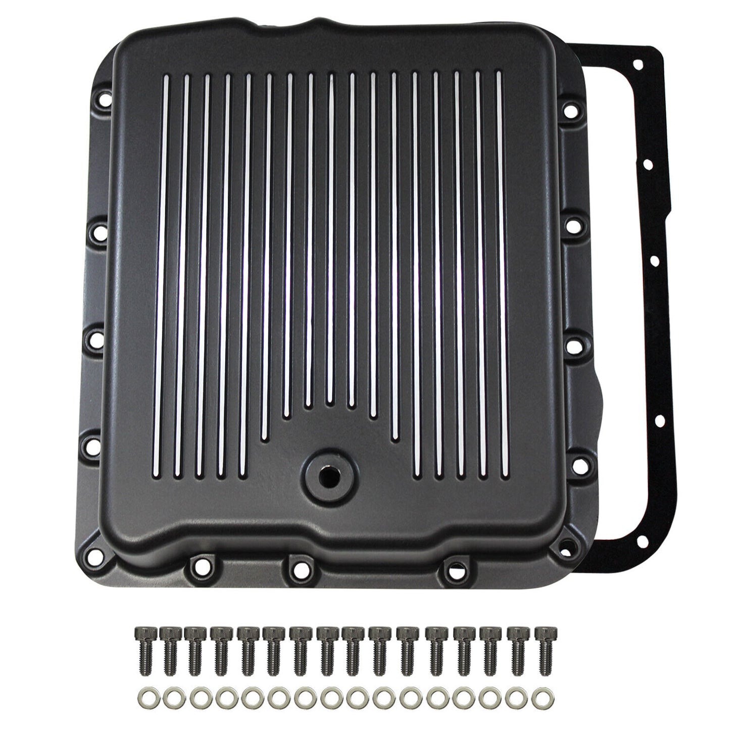 Finned Black Aluminum Transmission Pan & Hardware GM 700R4, 4L60, 4L60E & 4L65E